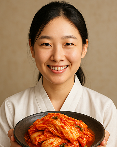 korejsko dekle s krožnikom kimčija v rokah